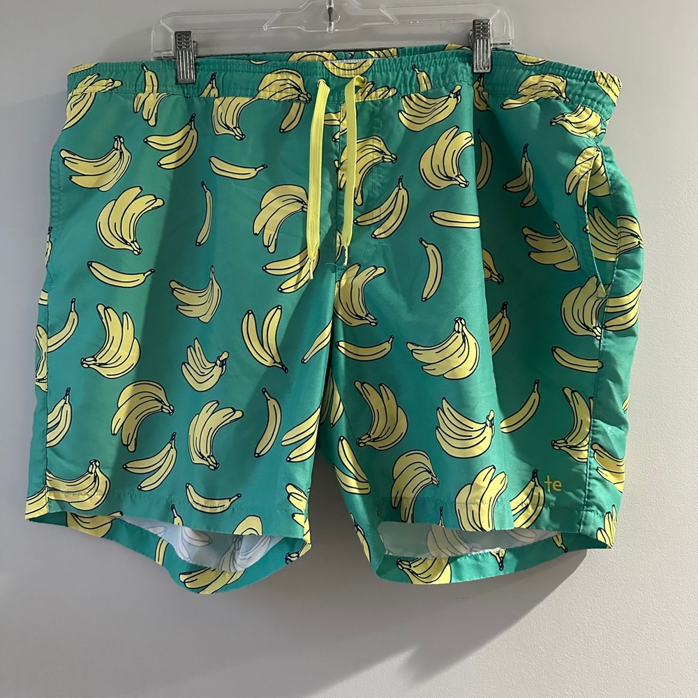 Tipsy Elves Mens XXL Swim Trunks Shorts Banana Print Teal‎ Drawstring Pockets